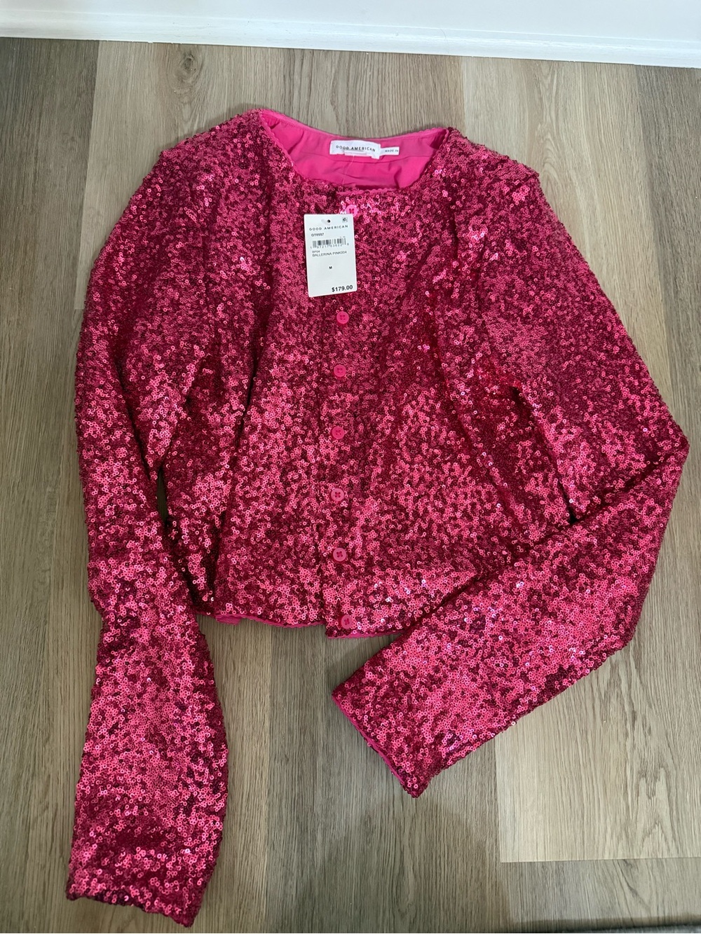 Good American Pink Sequin Cropped Jacket